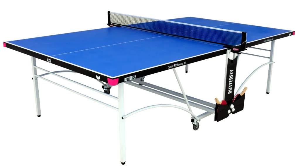 Centrefold table tennis table with blue playing top, magenta corner pieces and light silver legs and undercarriage, net and paddle holder with two bats and three balls.