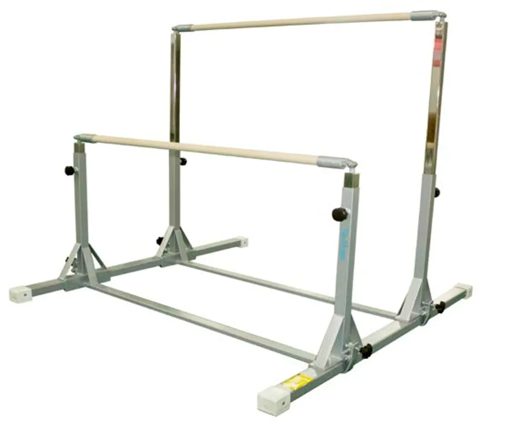 Kids uneven bars with two horizontal bars on an adjustable carbon steel frame, higher bar 155-195cm, lower bar 95-135cm, width 32-52cm.
