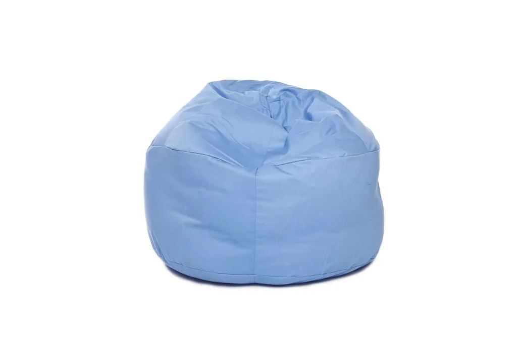Sky blue cotton bean bag for teens and adults with stitched panels and a scooped top on a white background.