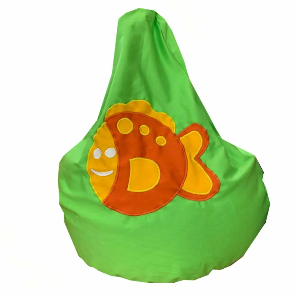 Bright green bean bag with a smiling orange and yellow fish applique on the front.