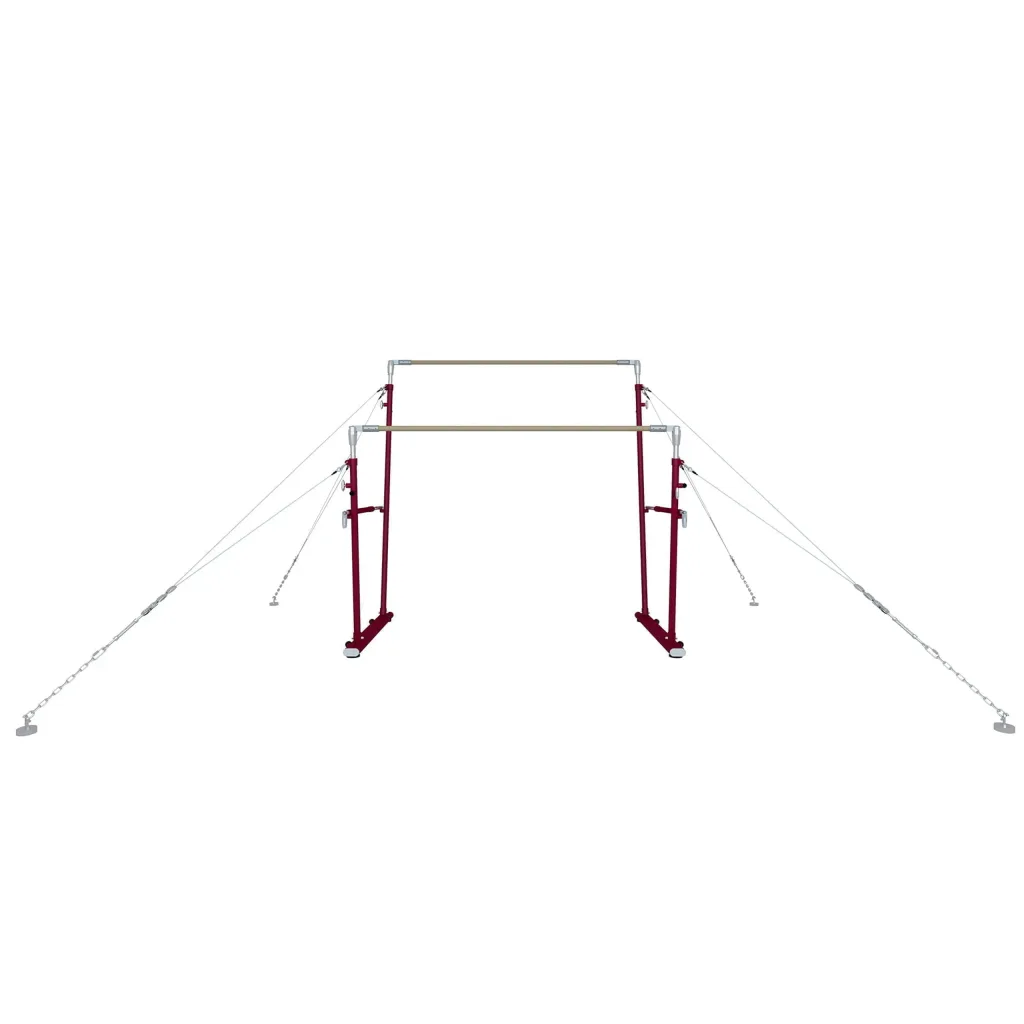 Competition uneven bars with two beech-veneer fibreglass rails on a red metal frame, supported by angled anchor cables and ground chain fixings.