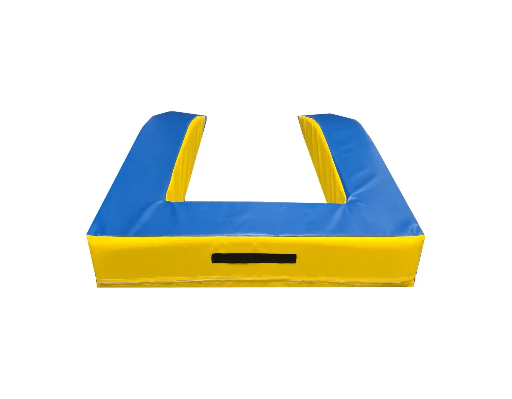 U-shaped springboard surround with blue top and bottom, yellow sides, heavy-duty flame-retardant PVC cover and front carrying handle.