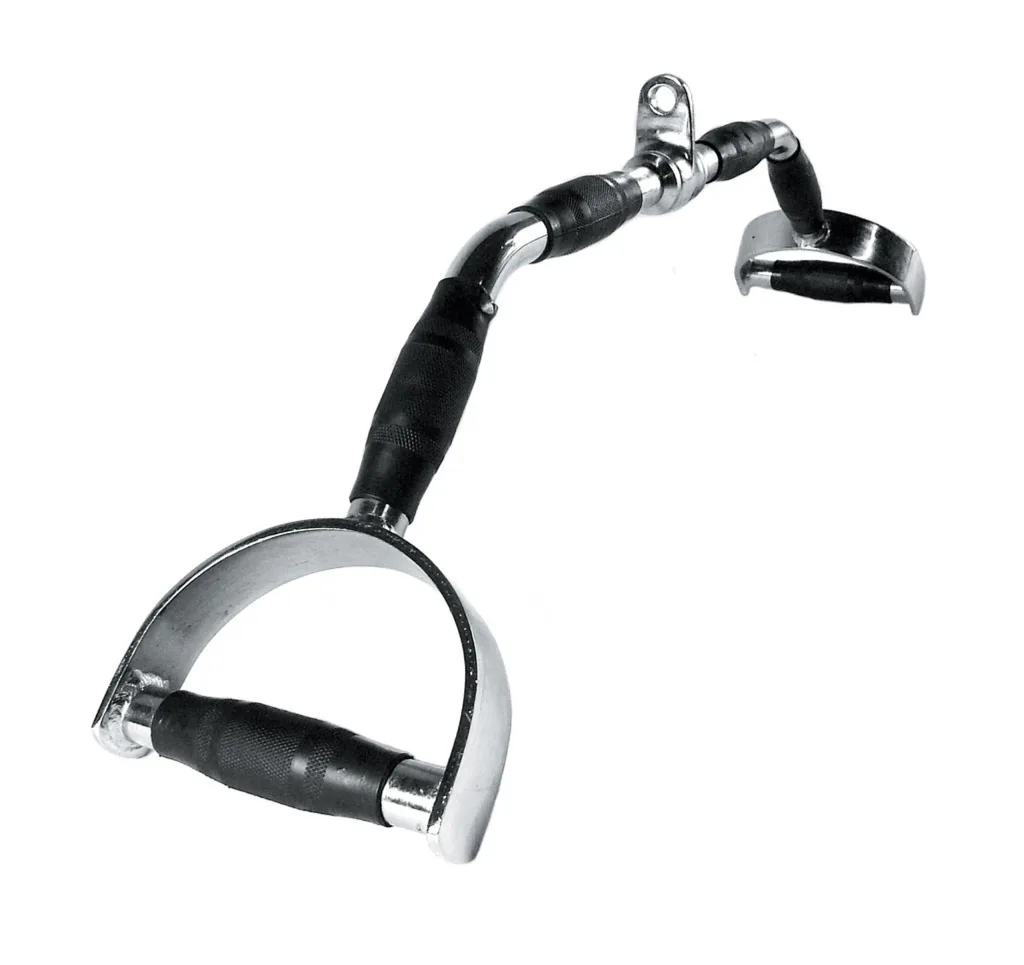 Cable attachment angled pressdown bar with swivel eye and two D-style handles featuring urethane grips.