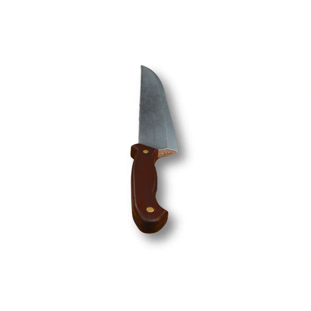 Realistic 44 cm PU foam butcher's knife training prop with a gray blade and brown handle on a white background.