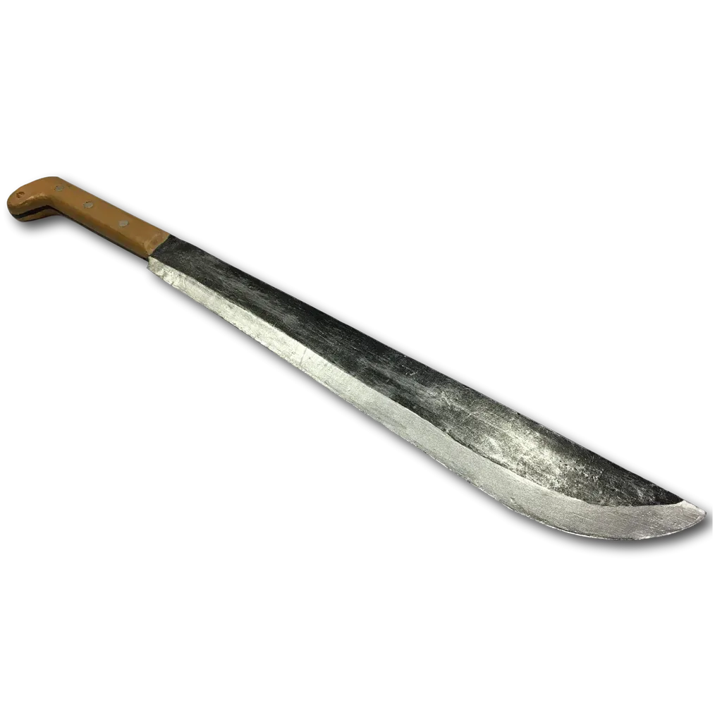 Long PU foam machete training prop with brown handle and worn silver blade on black background.
