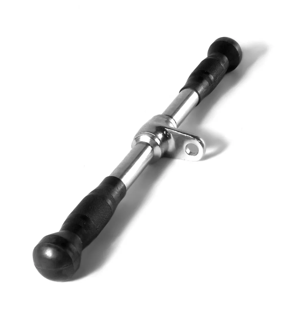 Short metal cable attachment with a central pivot bracket and knurled black rubber grips on each end.