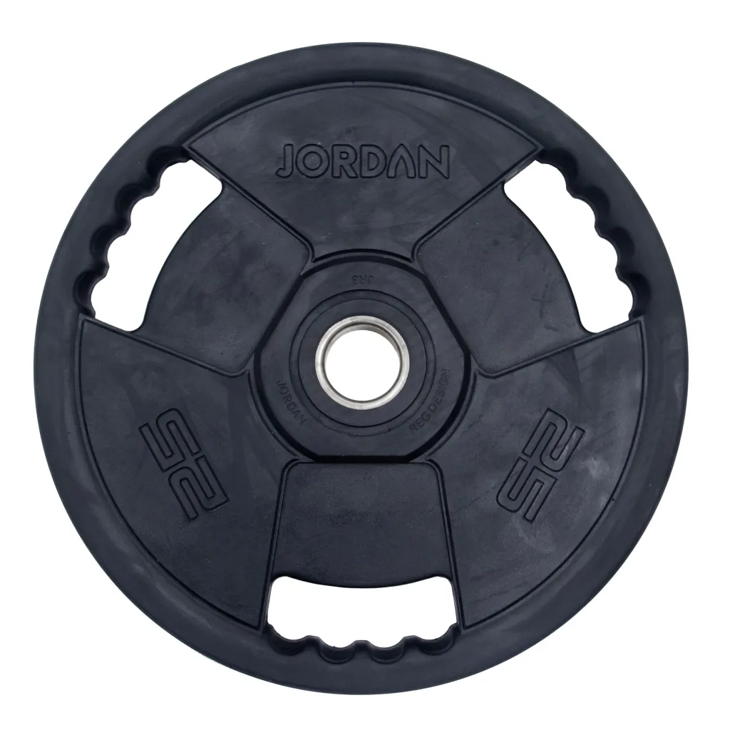 Rubber-coated cast-iron Olympic weight plate with three contoured grip handles, 50mm center hole and embossed JORDAN and 25.