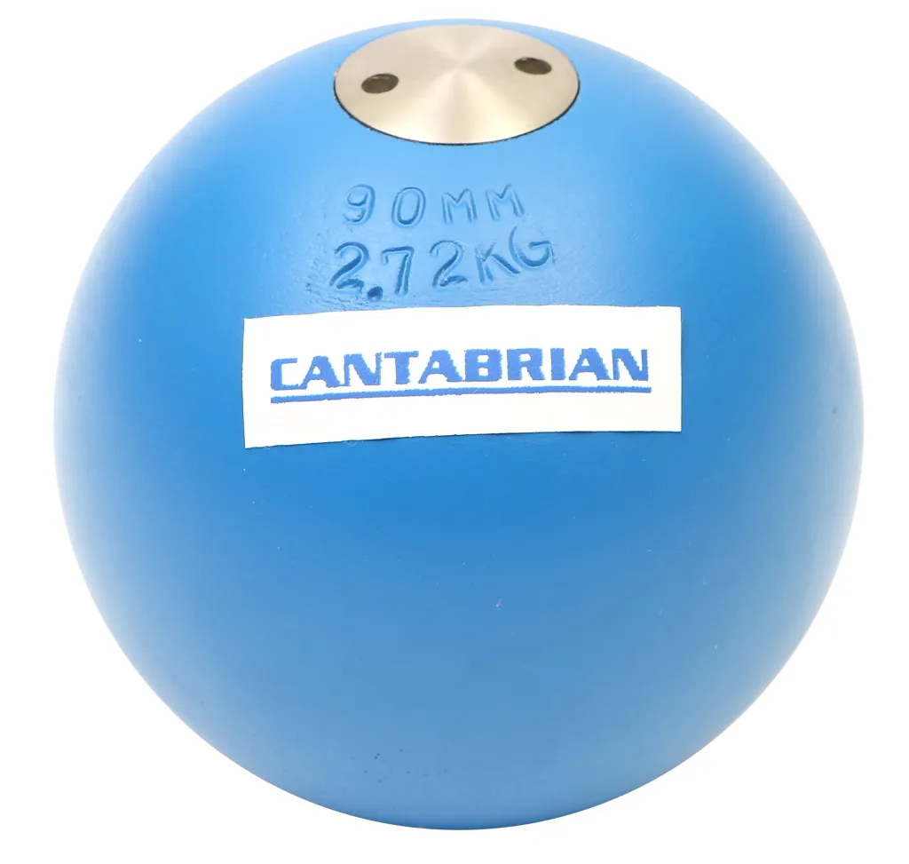 Blue painted steel shot put with a visible metal plug on top.