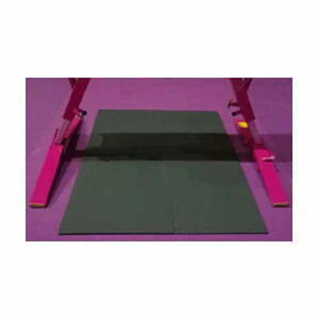Rectangular stack of steel plates used as a pommel horse anchor weight placed between two pink pommel horse supports on a purple mat.