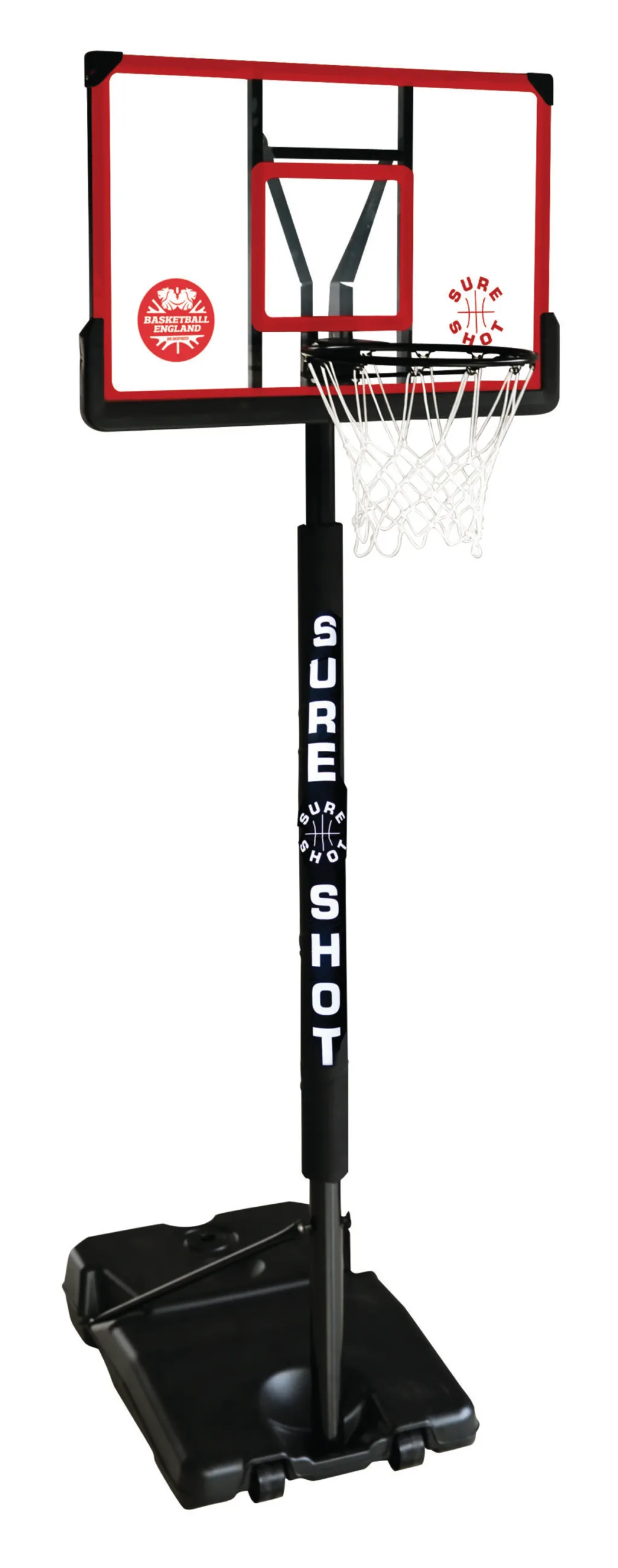 Portable telescopic basketball hoop with red-trimmed clear backboard, white net, black padded pole and black fillable base labeled Sure Shot and Basketball England.