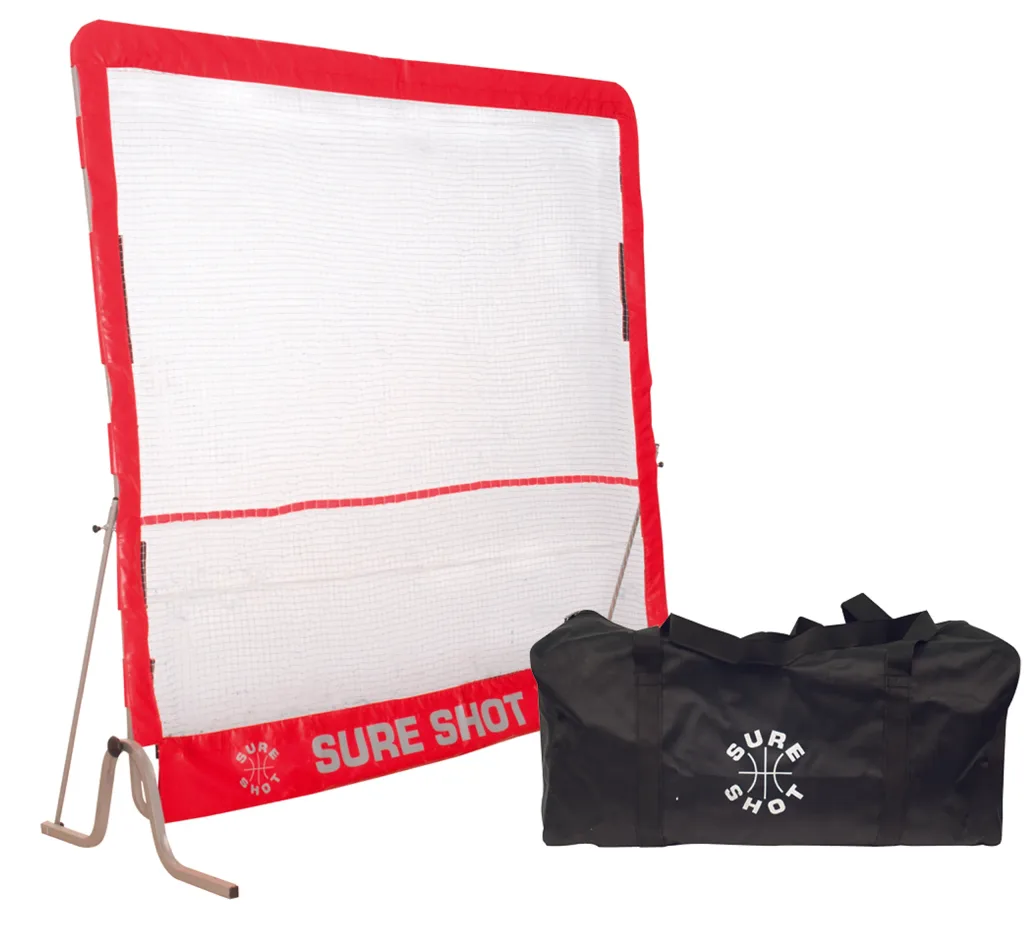Freestanding white rebound net with red border and beige metal legs beside a black holdall printed with SURE SHOT.