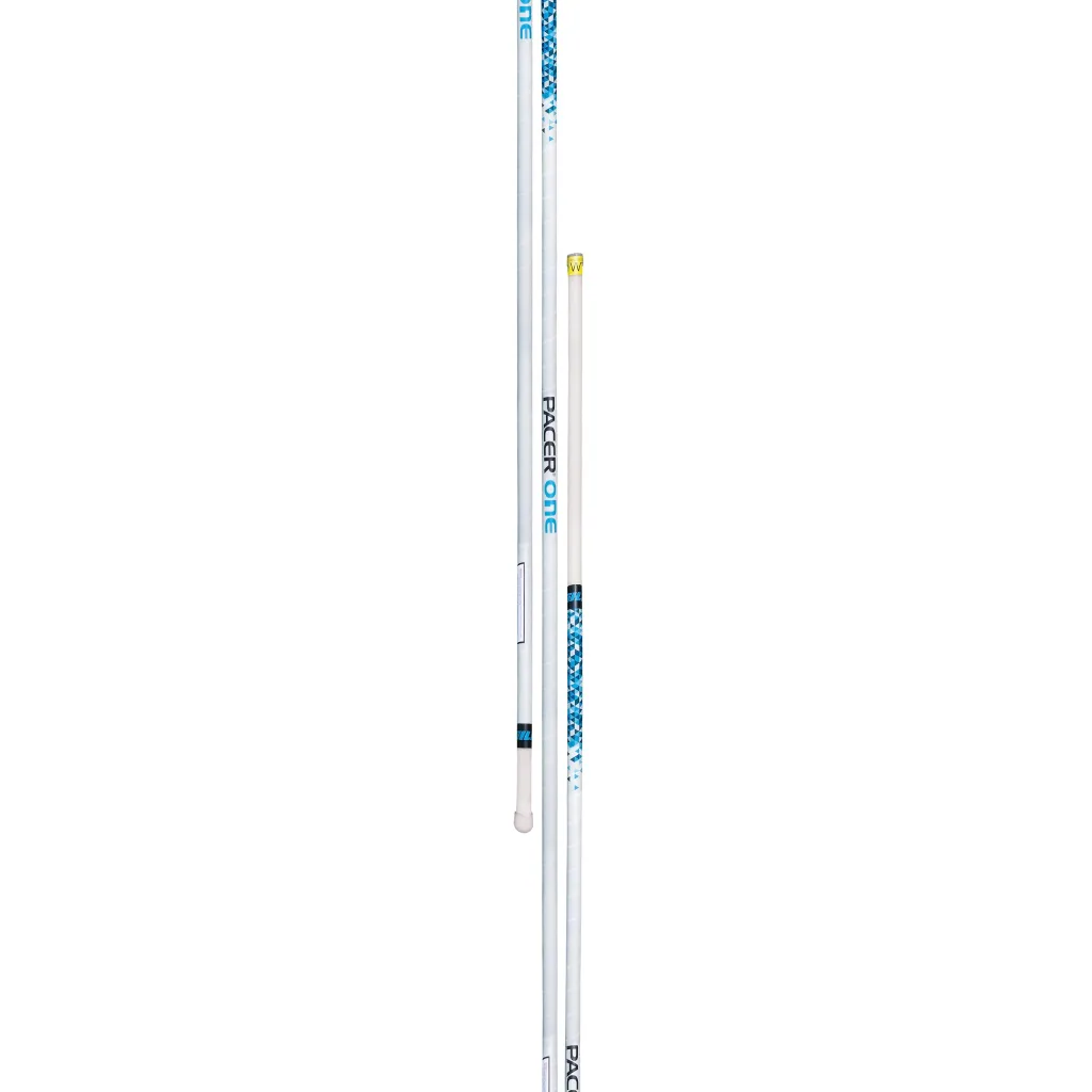 White fibreglass pole vault pole with blue geometric accents and vertical Pacer One text along the shaft.