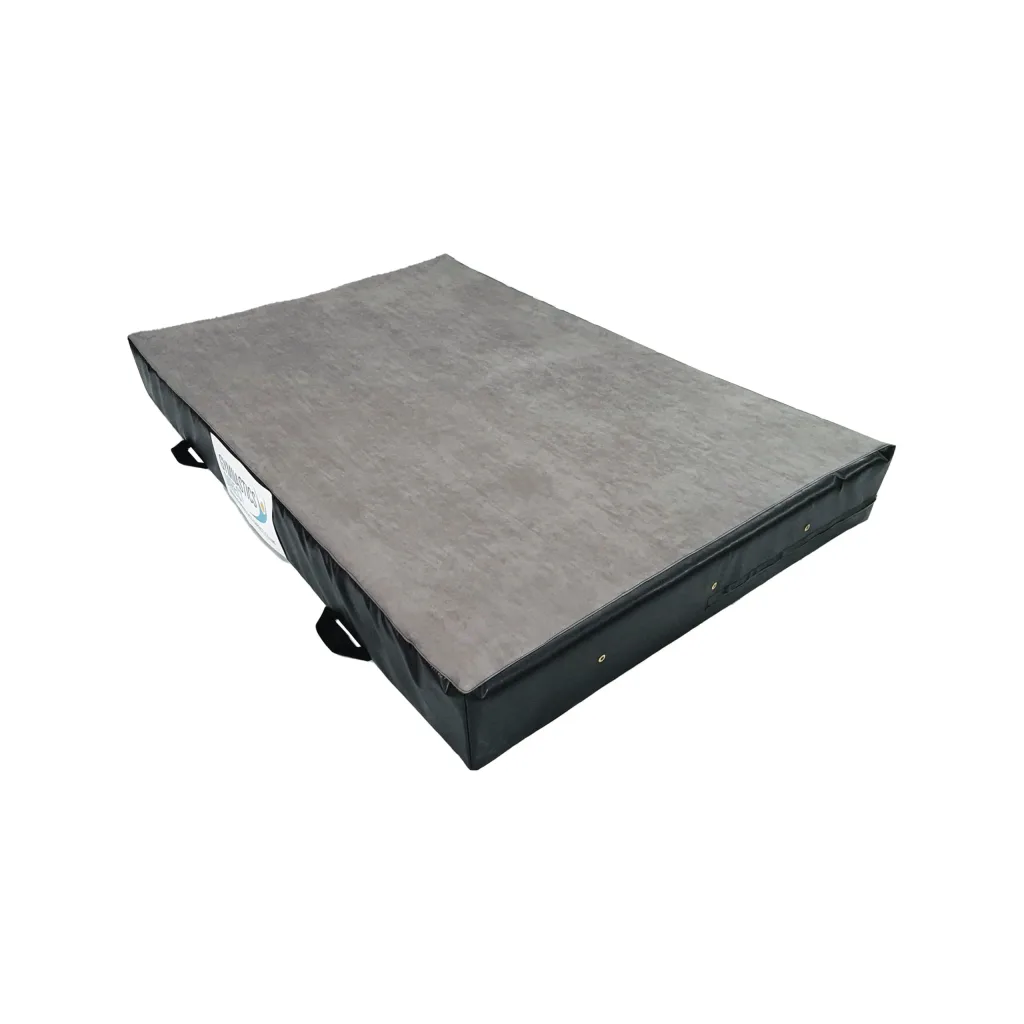 Grey jersey fabric-top crash mat with dark PVC sides, handles, breather holes and anti-slip base for gymnastics landings.