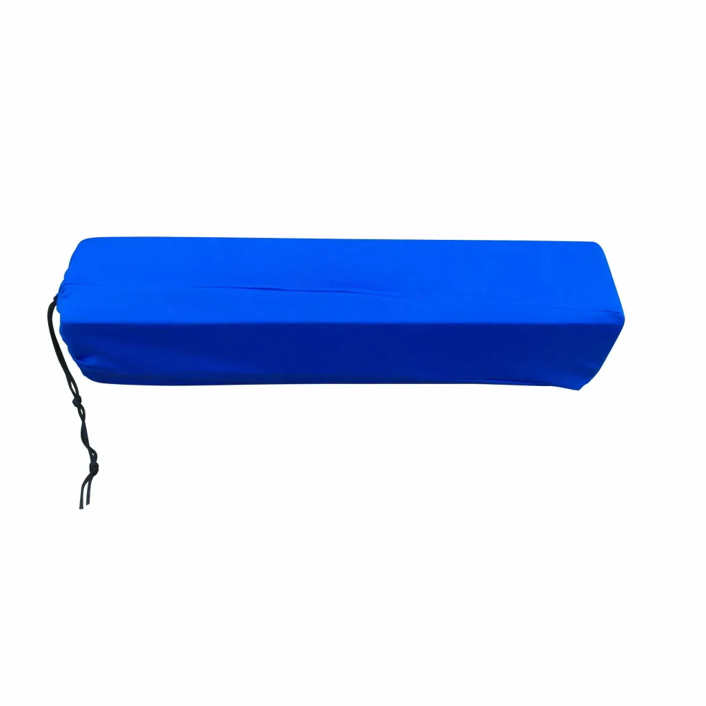 Bright blue 100% polyester gym pit sock cover stretched over a rectangular foam block with a black drawstring tied at one end.