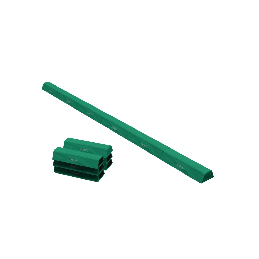 Green segmented foam balance beam (6 segments) with PE foam core and flame-retardant PVC cover, plus stacked spare segments labeled promat.