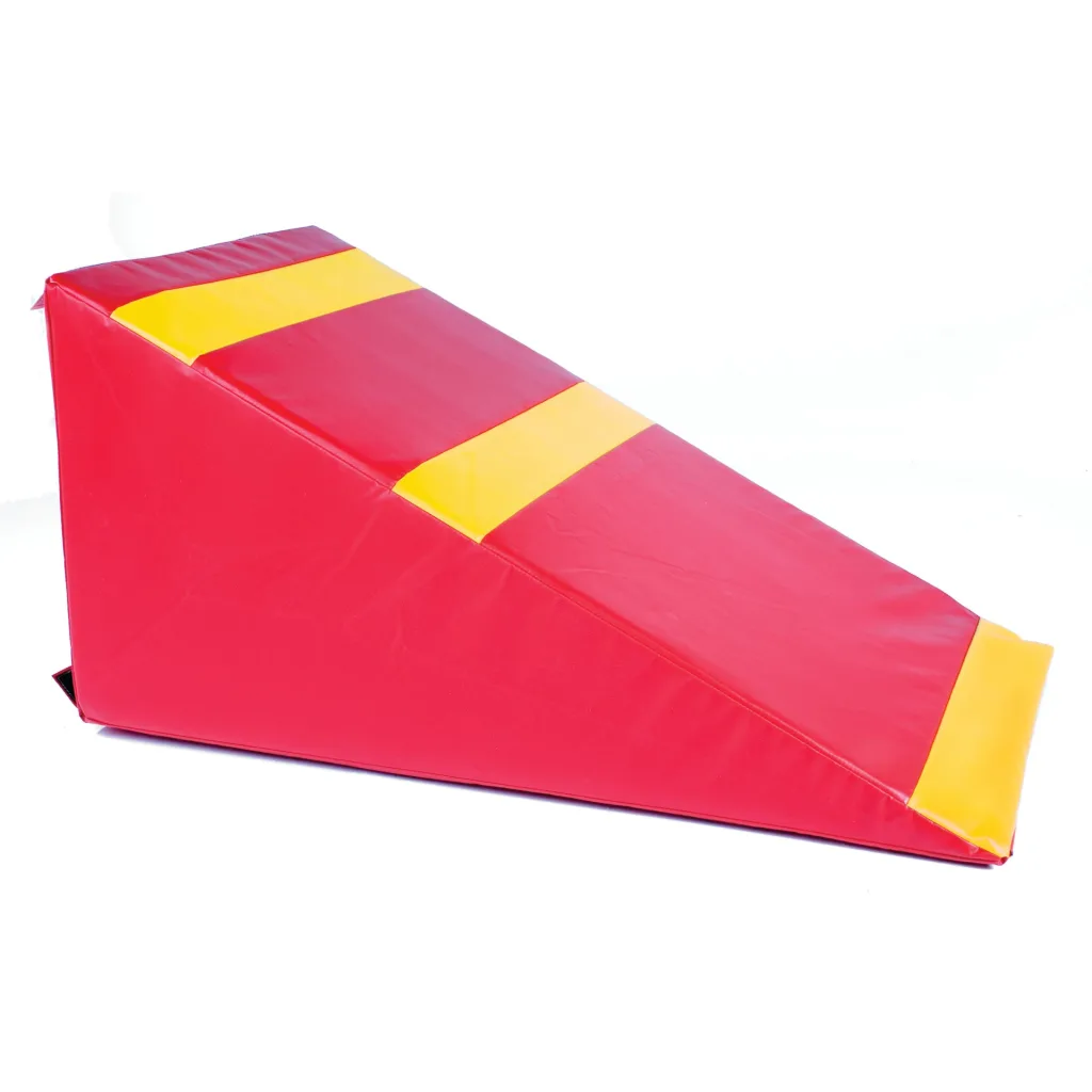 Red wedge-shaped gymnastics ramp with three yellow rectangular treads on the incline.