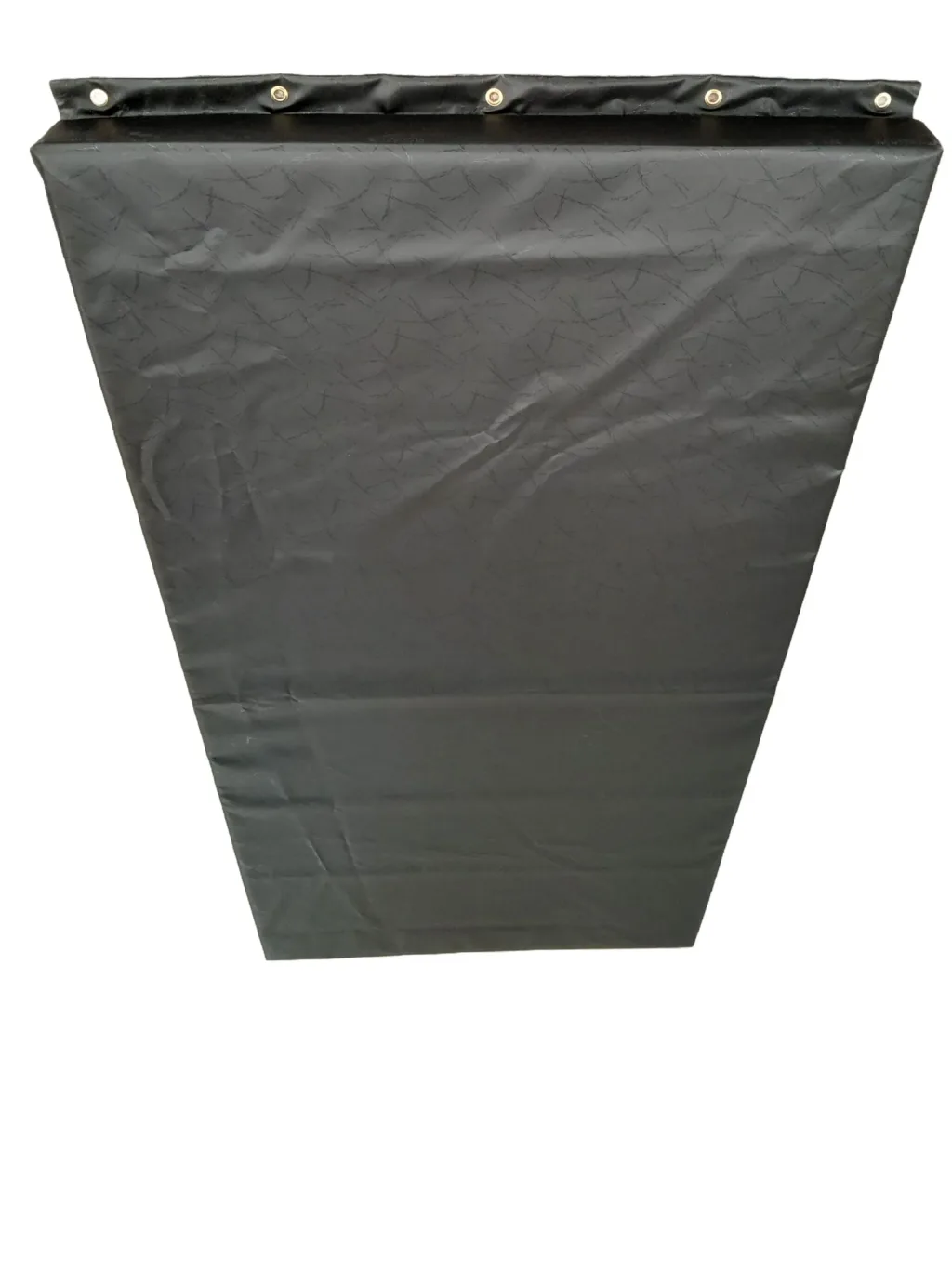Black heavy-duty PVC wall pad with dual-density foam core and a top flap with metal eyelets for wall mounting.