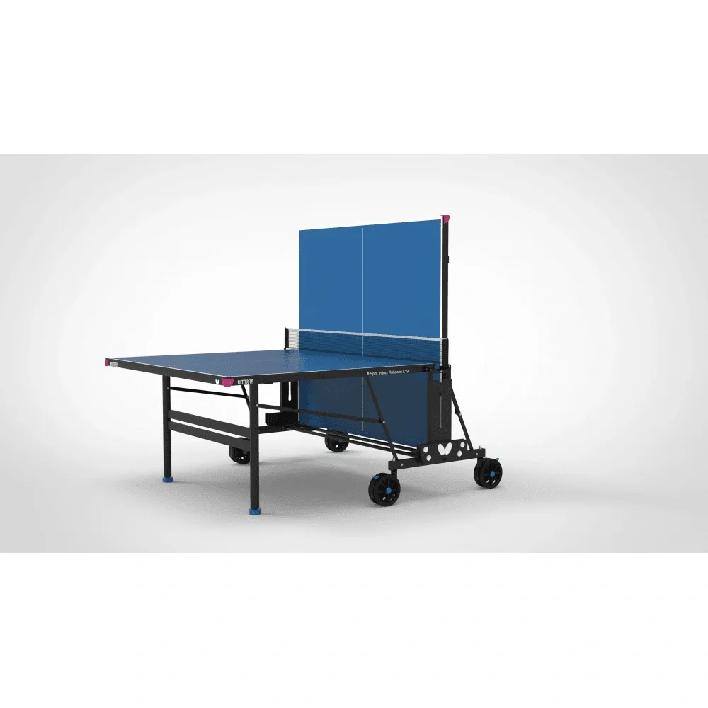 Blue rollaway table tennis table with one half folded upright, black legs and undercarriage, magenta corner pieces, net and wheels.