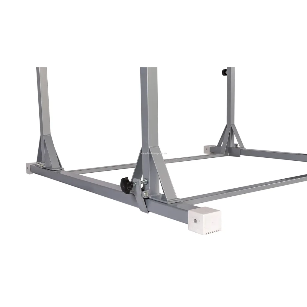 Carbon steel kids uneven bars base with vertical posts, adjustable spin-lock knobs, plastic end caps, and watermark www.taishansports.cn.