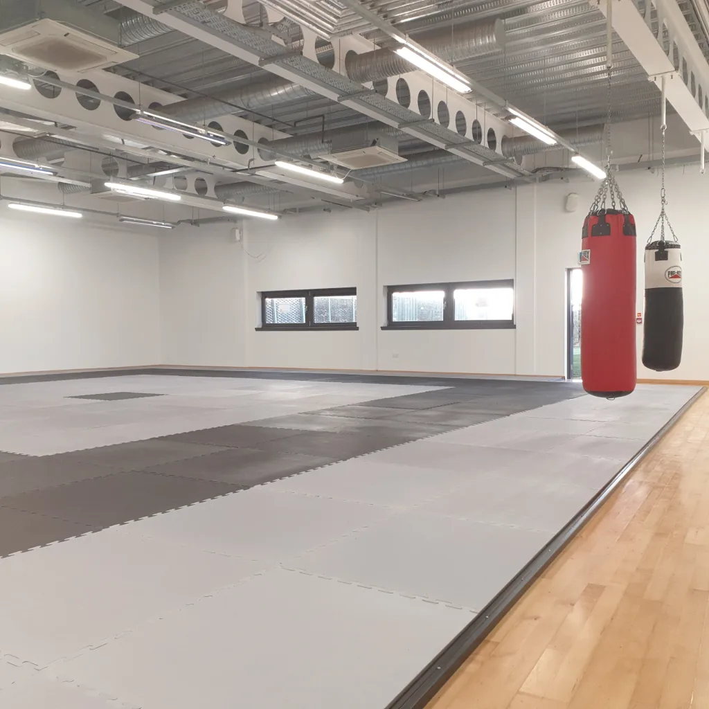 Training hall floor covered with interlocking grey and black EVA jigsaw mats, with two hanging punching bags (one red, one black and white) at the right.
