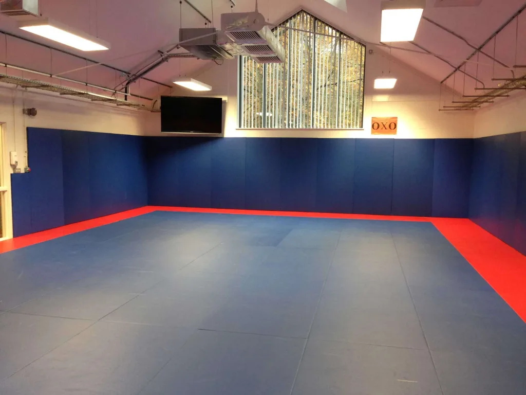 Interior restraint room with blue padded walls and blue mats with a red border and a wall sign reading 'OXO'.