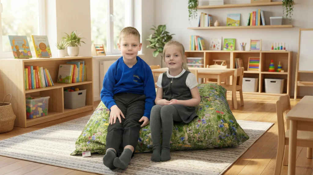 Two children sit on a nature print large floor cushion with a 100% polyester outer cover in a bright classroom reading area.