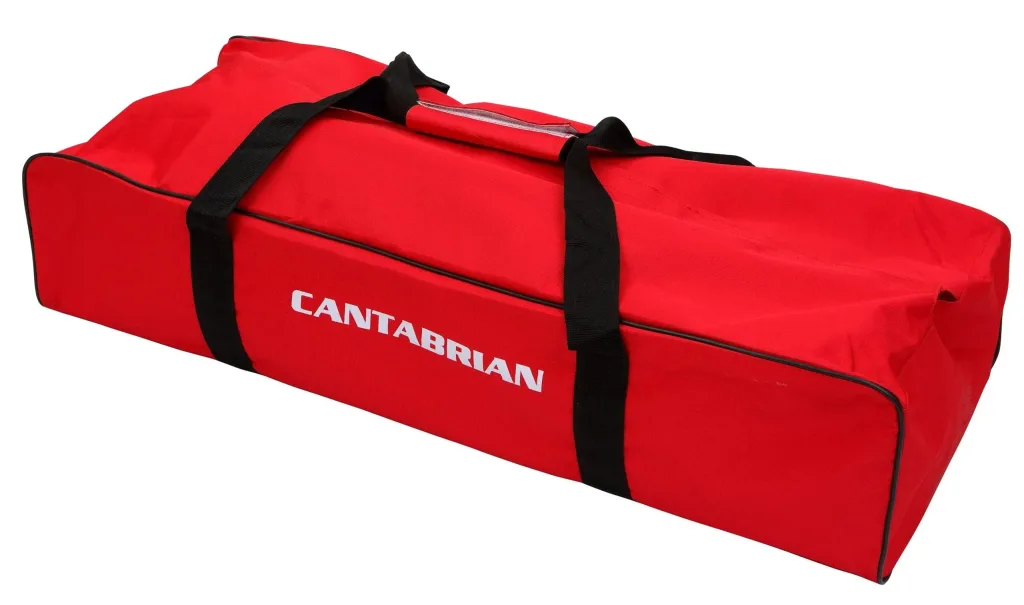 Red starting block bag with black carrying straps, hard rectangular base and CANTABRIAN printed on the side.