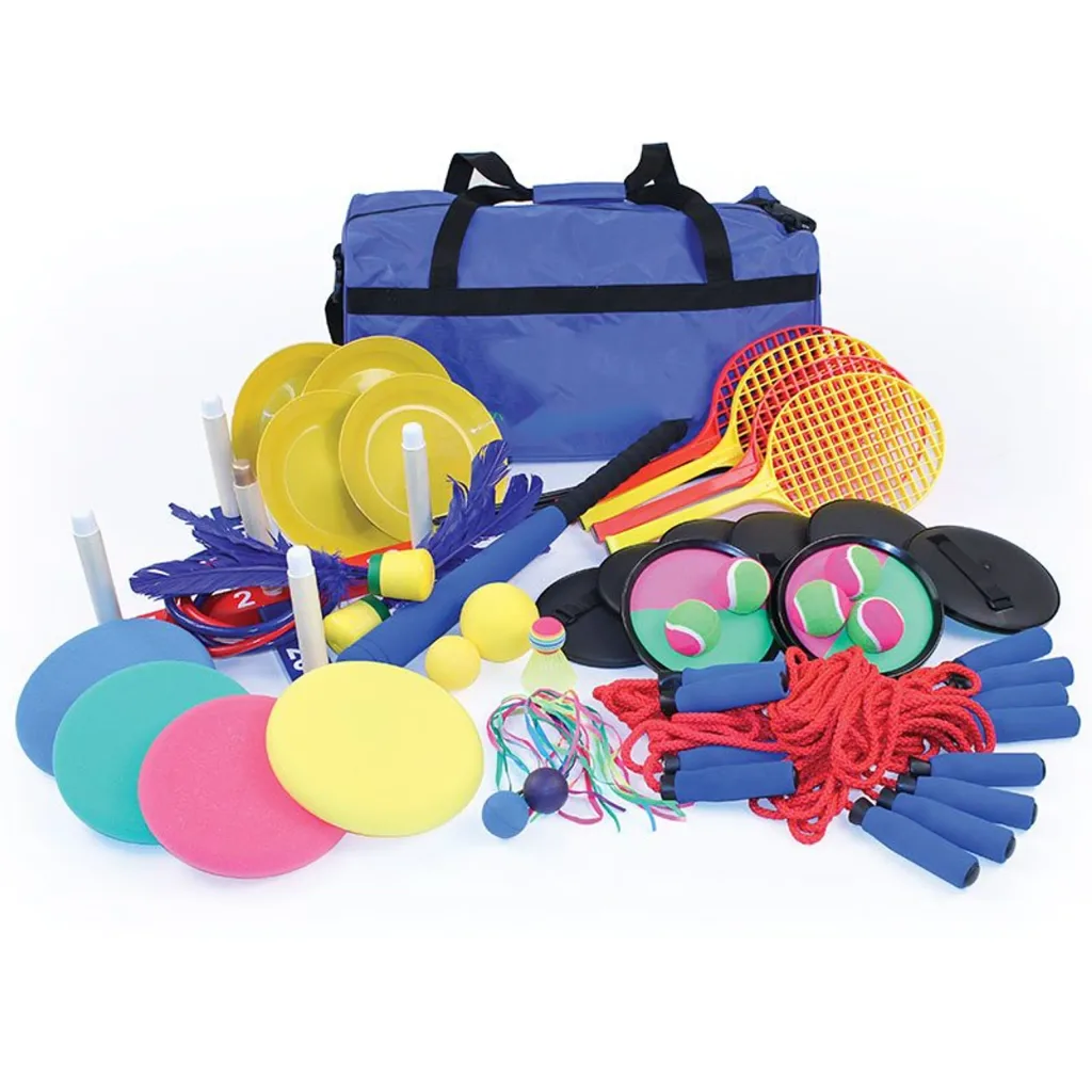 Blue multipurpose holdall with assorted colorful play equipment including skipping ropes, foam discs, rackets, bats, shuttleballs and balls.