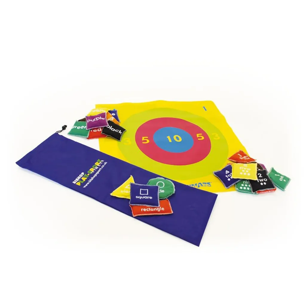 Yellow PVC covered cloth target mat with red-blue bull's-eye showing 10 and 5, plus colored shape bean bags labeled square and rectangle.