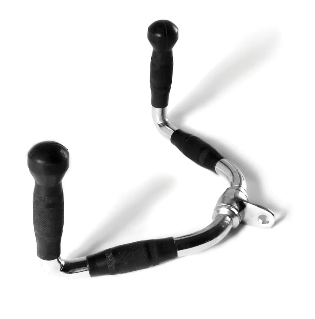 Chrome V-handle cable attachment with two vertical black rubber ball grips and a swivel mounting eyelet.