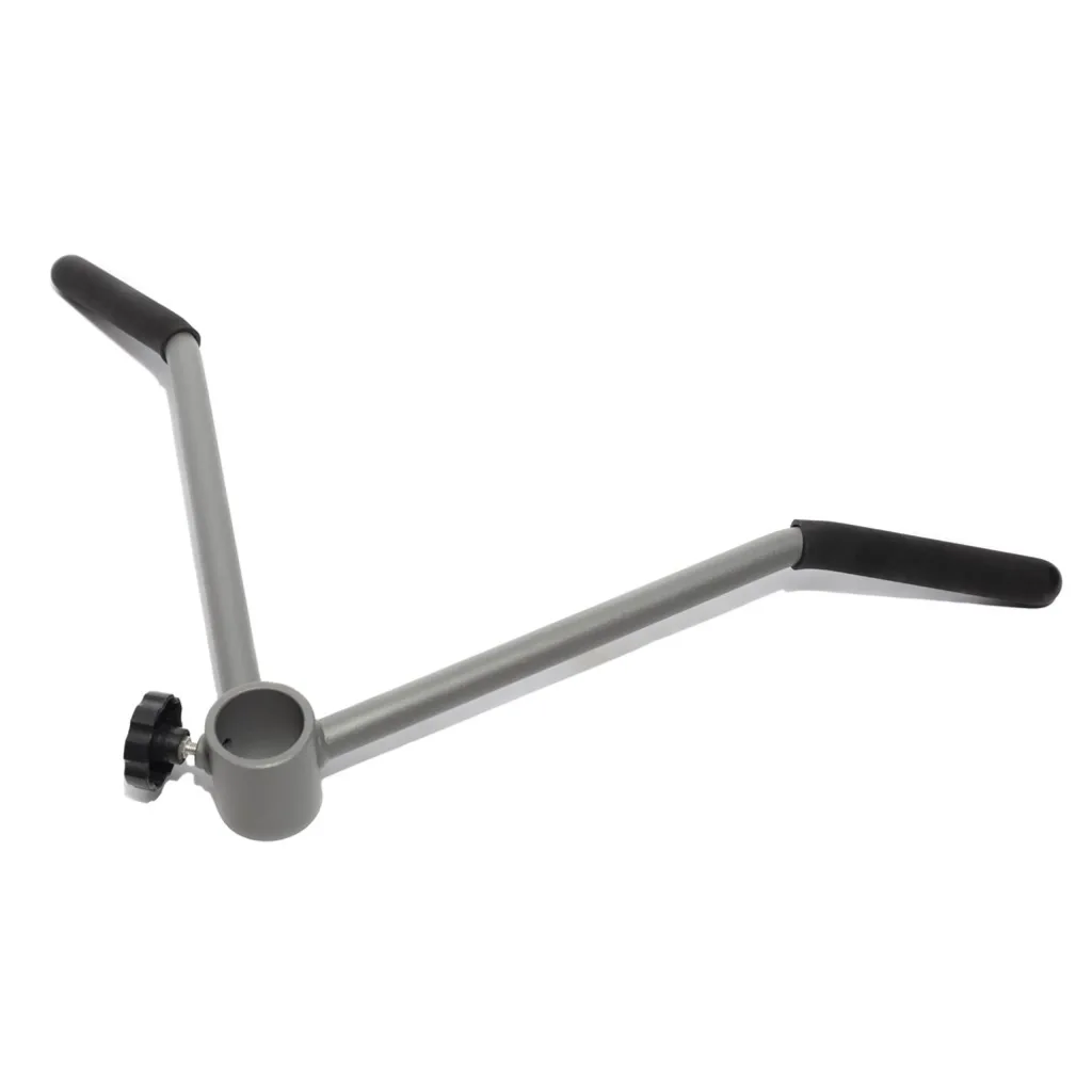 Graphite grey metal handle with two angled arms joining a circular mounting collar and matte black foam grip covers.