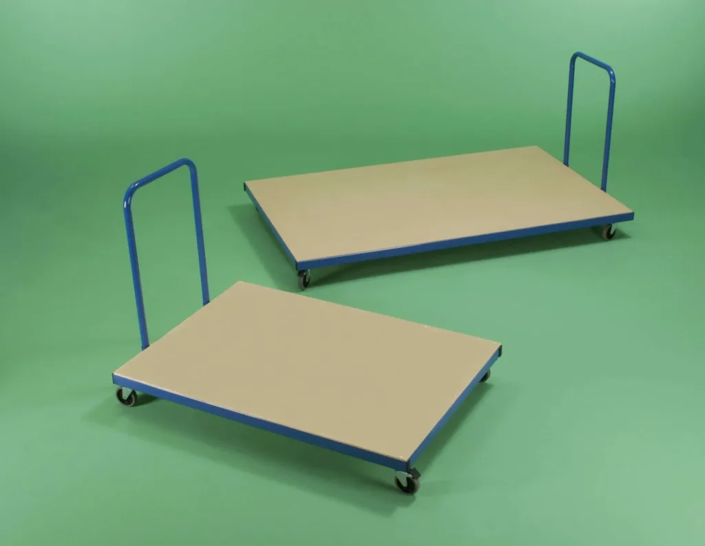 Two horizontal mat trolleys with blue frames, flat decks, detachable handles and heavy-duty castors.