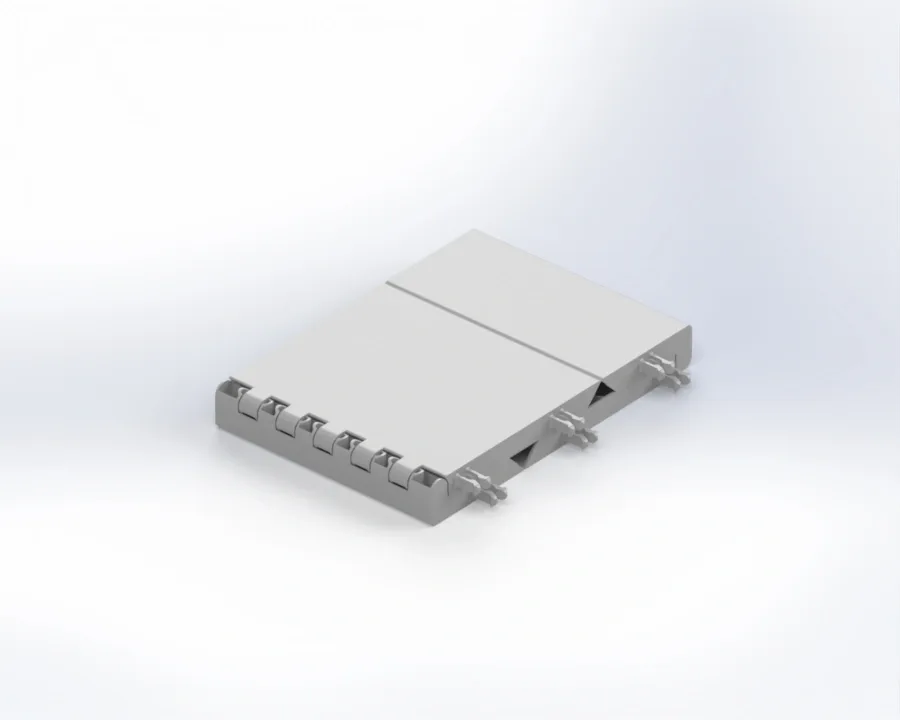 Rectangular modular panel with two flat top sections separated by a seam, hinge-style interlocking tabs on one edge, and triangular side cutouts.