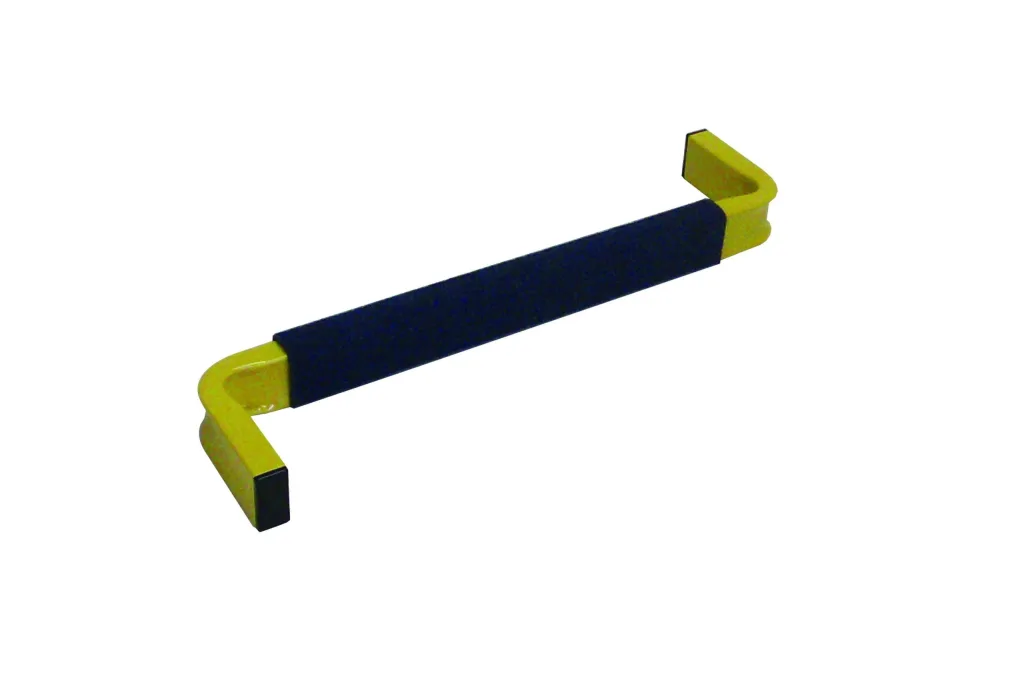 Long navy padded balance beam with yellow U-shaped metal end supports on a white background.