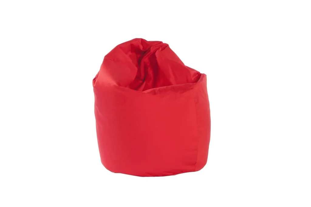 Child bean bag in red cotton with a slouched back and round base.