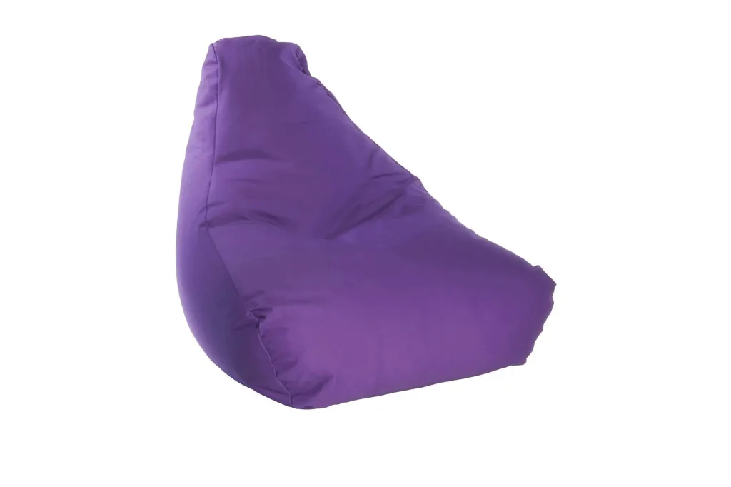 Child-sized purple cotton bean chair with high back support and removable liner.
