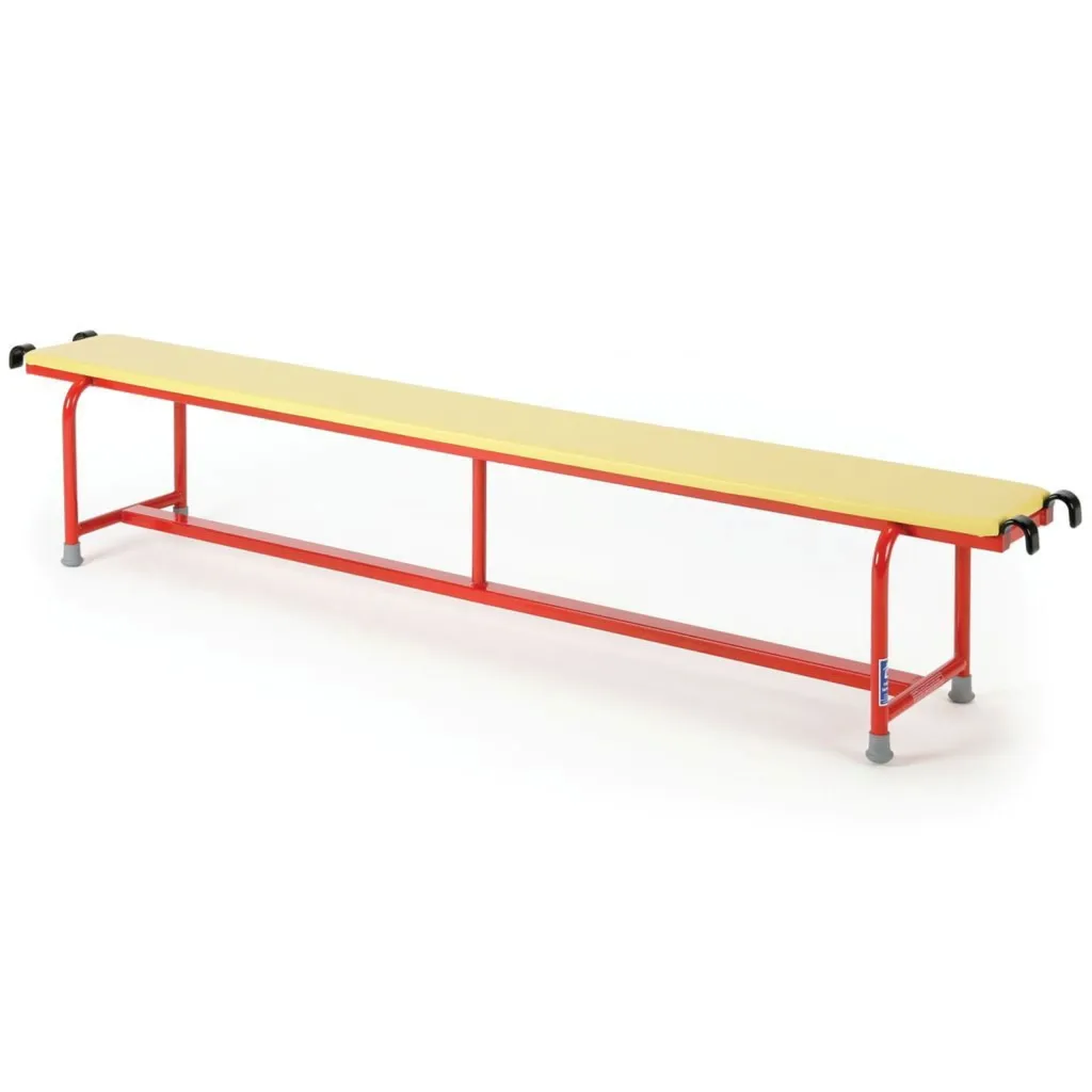 Steel-framed padded balance bench with yellow flame-retardant vinyl top, red powder-coated legs, coated metal hooks and grey non-marking rubber feet.