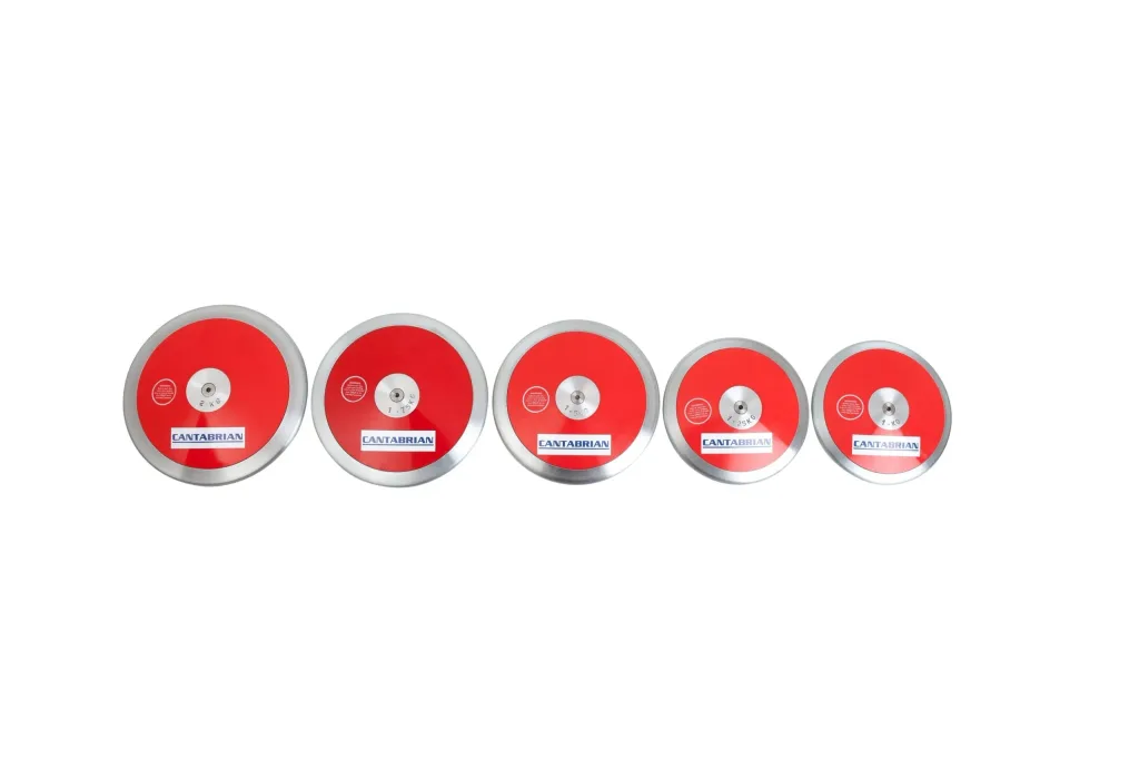 Five red low-spin discus with galvanised steel rims and durable plastic side plates, each labeled Cantabrian.