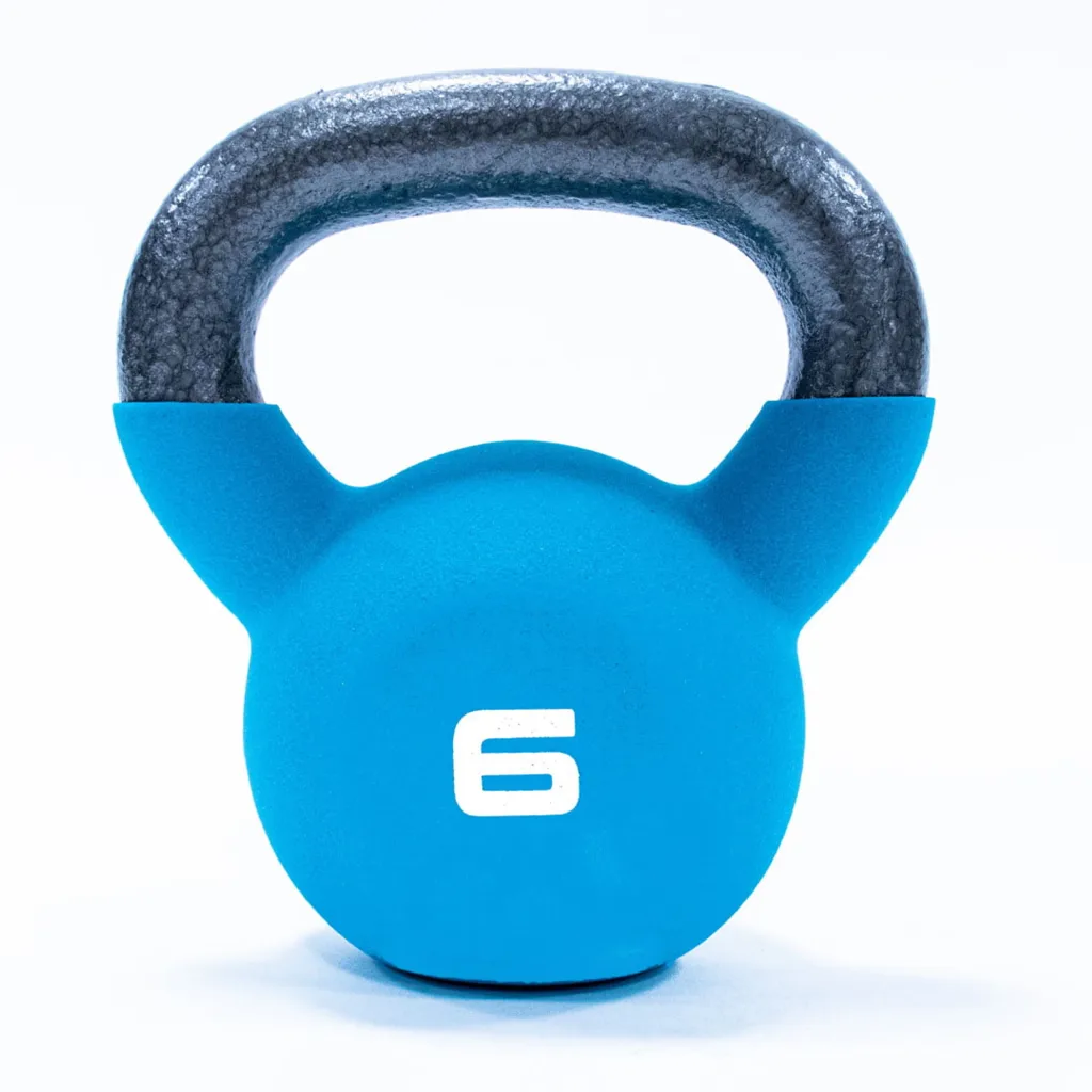 Blue neoprene-covered kettlebell with cast-iron handle and 6 printed in white on the front.