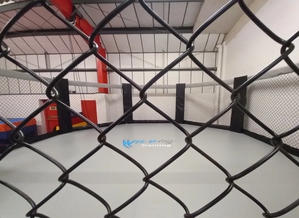 Platform training cage with steel frame, raised grey deck showing the text "Training", black chain-link fence and black padded posts.