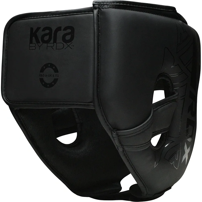 Black head guard with kara BY RDX and R&D in UK & EU text, padded cheek and eye openings.