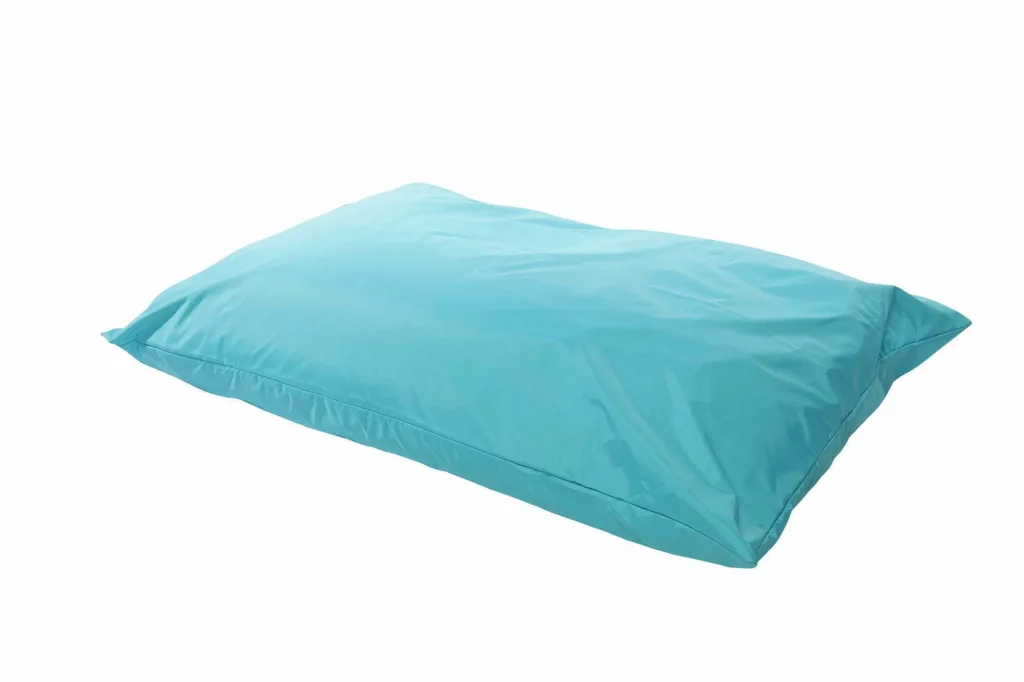 Giant child floor cushion with turquoise polyester cover and polybead filling, flat rectangular beanbag style with removable liner for indoor use.