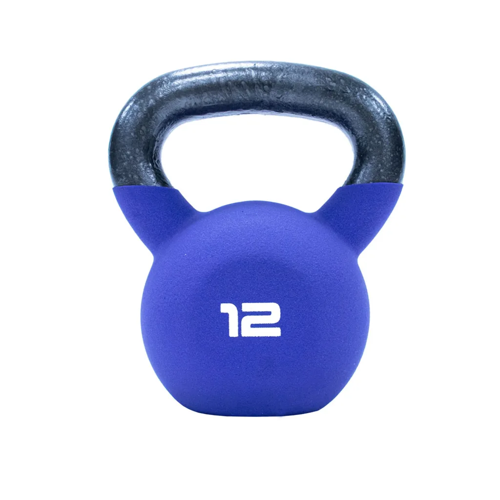 Blue neoprene-covered kettlebell with black handle and white 12 printed on the front on a white background.