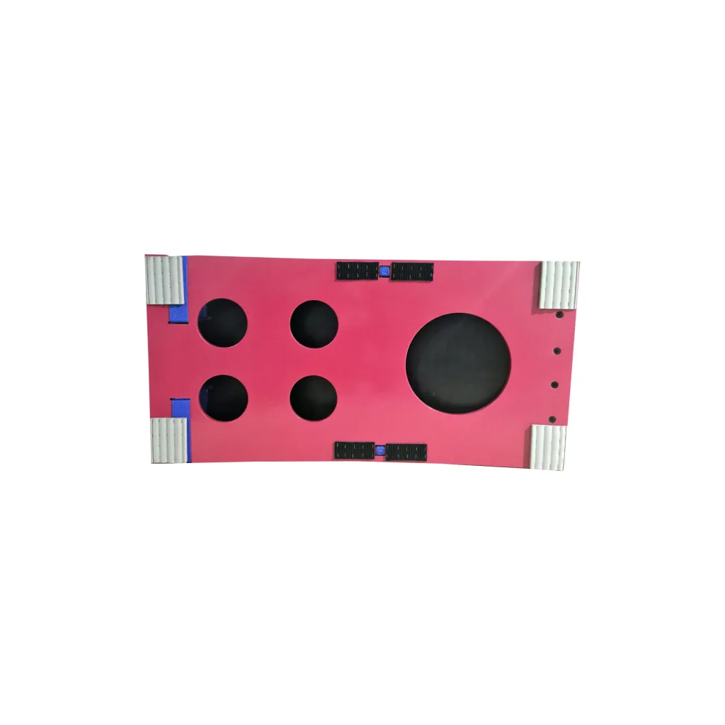 Blue carpeted rectangular springboard with four small round cutouts left, one large round hole right, white corner pads and black mounting strips.