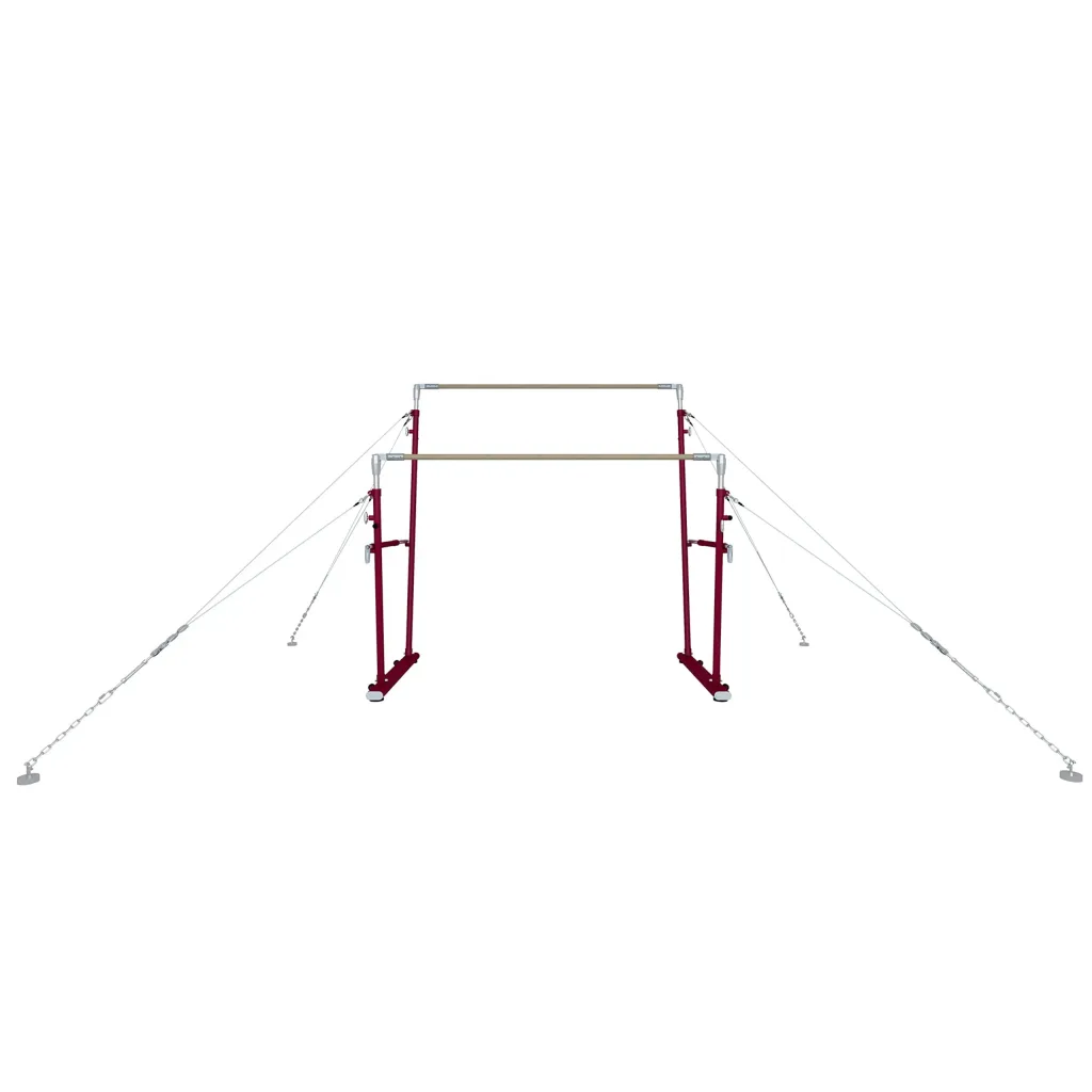 Two parallel rails of fibreglass wrapped in beech veneer mounted on a red metal uneven-bar frame, braced by angled steel cables anchored to floor pads.