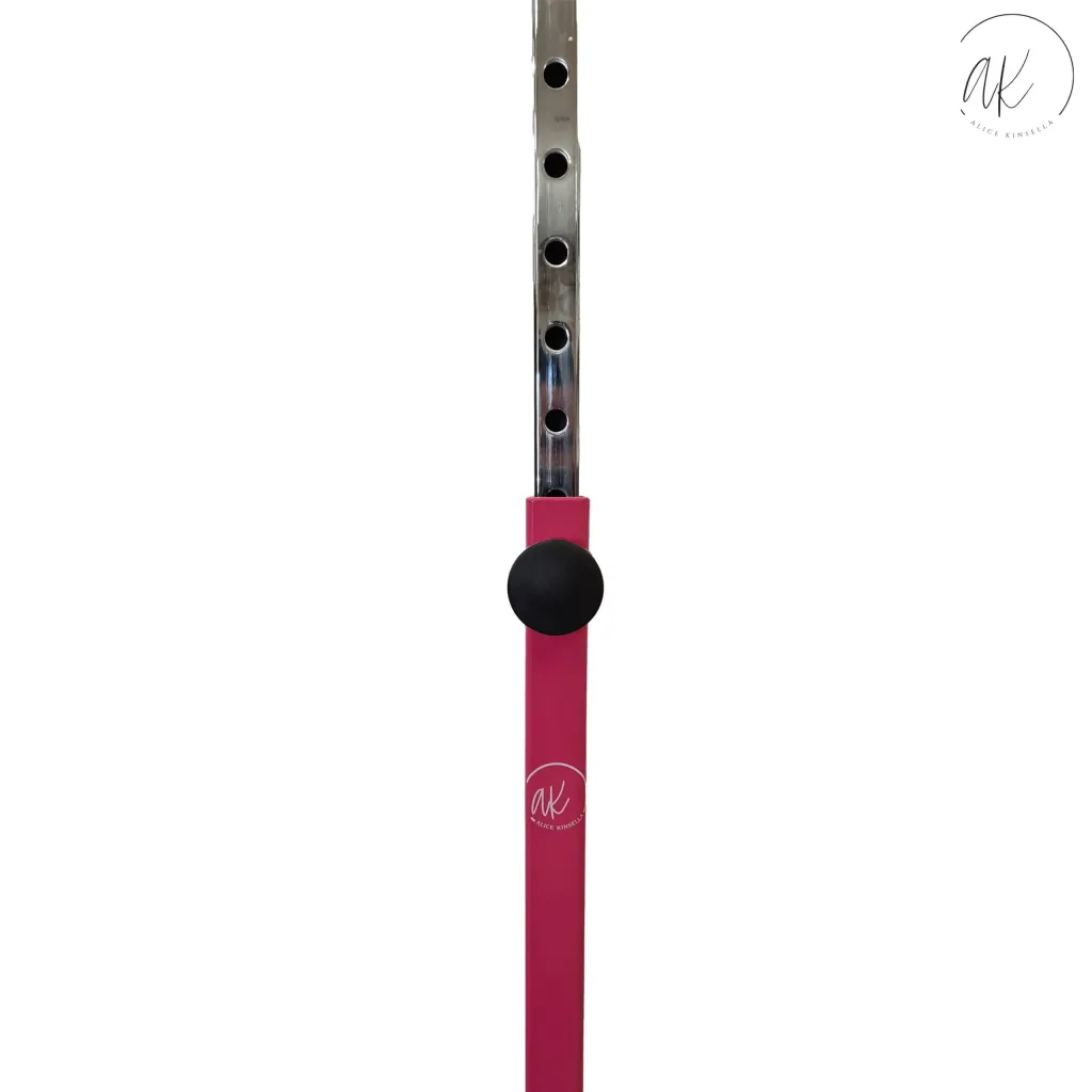 Pink adjustable home gymnastics high bar upright with chrome height pole, black adjustment knob, and small circular logo.