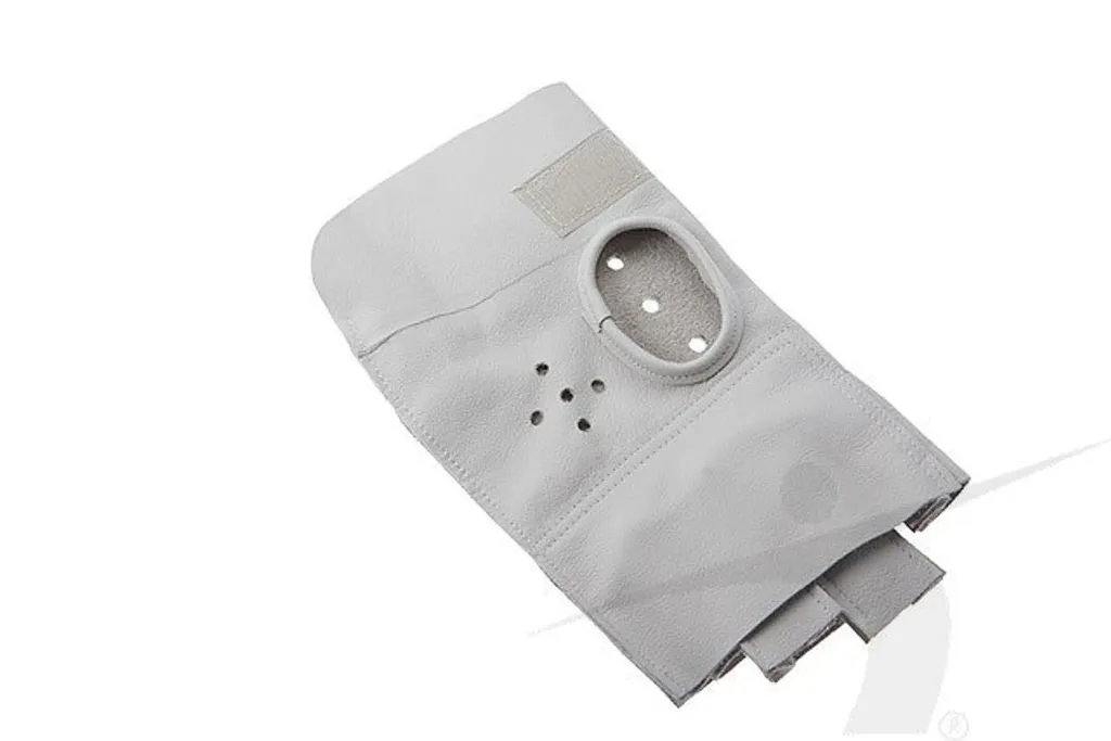 Genuine leather hammer-throw glove with finger-strengthening cutouts, oval hand opening and hook-and-loop tightening strap.