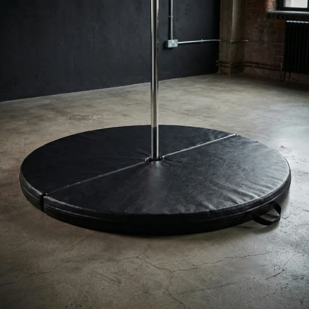 Black circular heavy-duty PVC pole dancing mat in two pieces with carry handles and a central hole under a chrome pole.