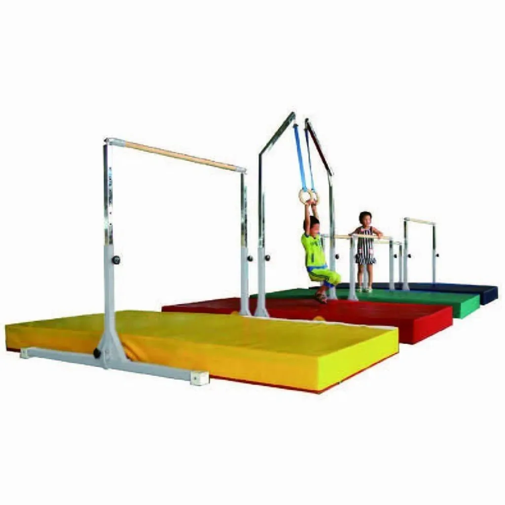 Kids high bar with carbon steel base and fibreglass core wrapped in maple over yellow, red, green and blue mats, two children using rings and a low bar.