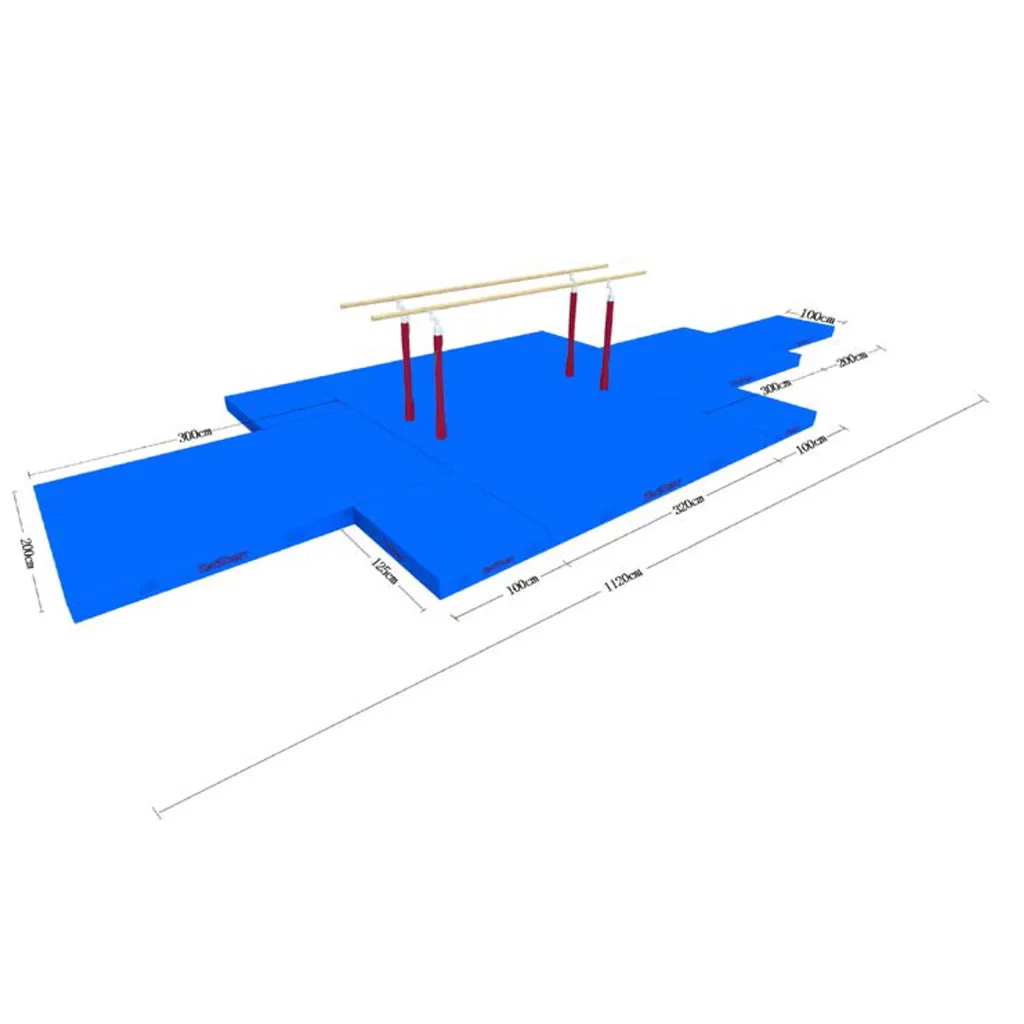 Blue competition landing mat arranged in sections under two wooden balance beams with red support posts.
